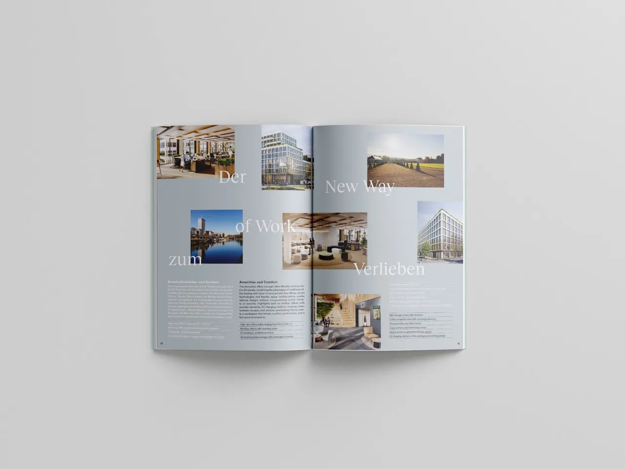 Aufgeschlagenes Immobilienmagazin mit großzügigem Bildlayout