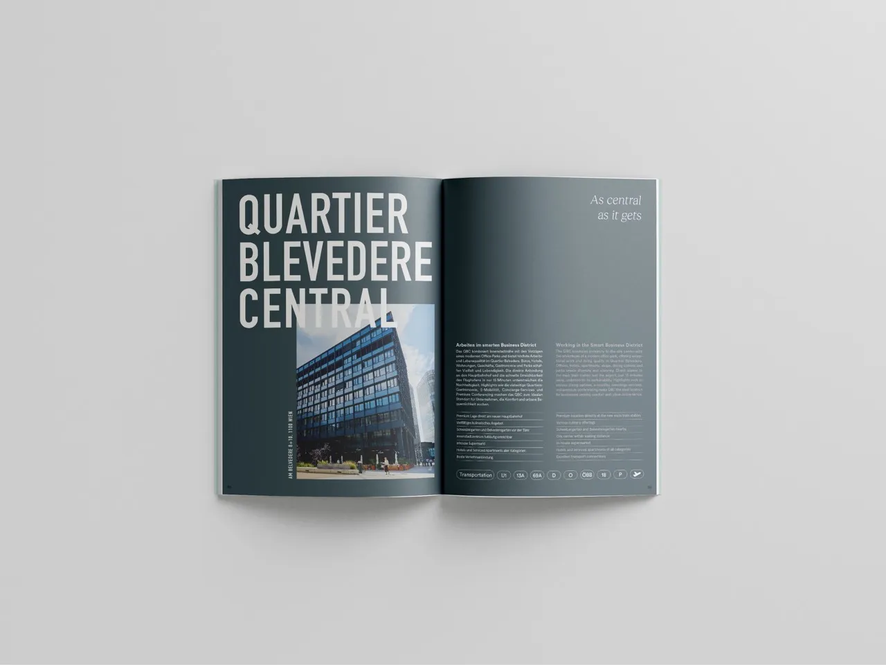 Magazin-Doppelseite eines Quartiersprojekts mit Architektur-Fotografie