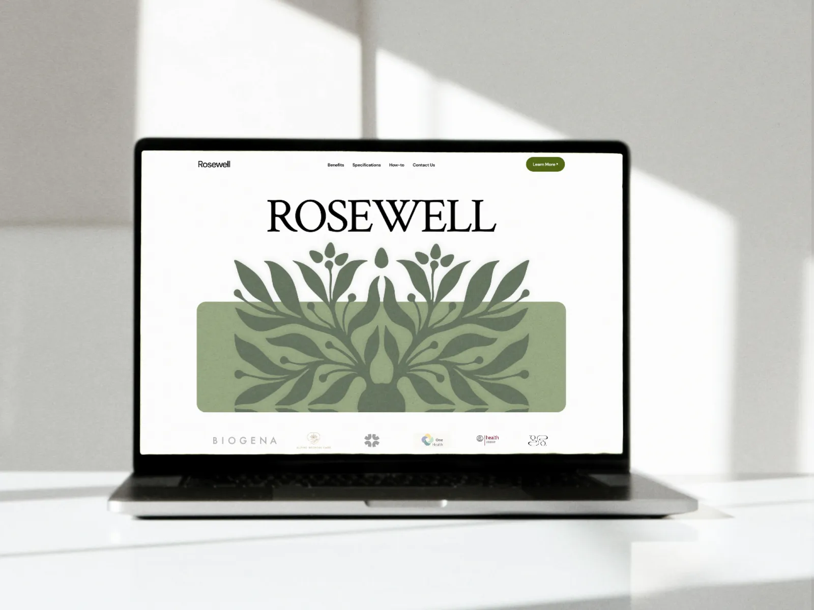 Illustrative Website-Startseite auf einem Laptop im Sonnenlicht